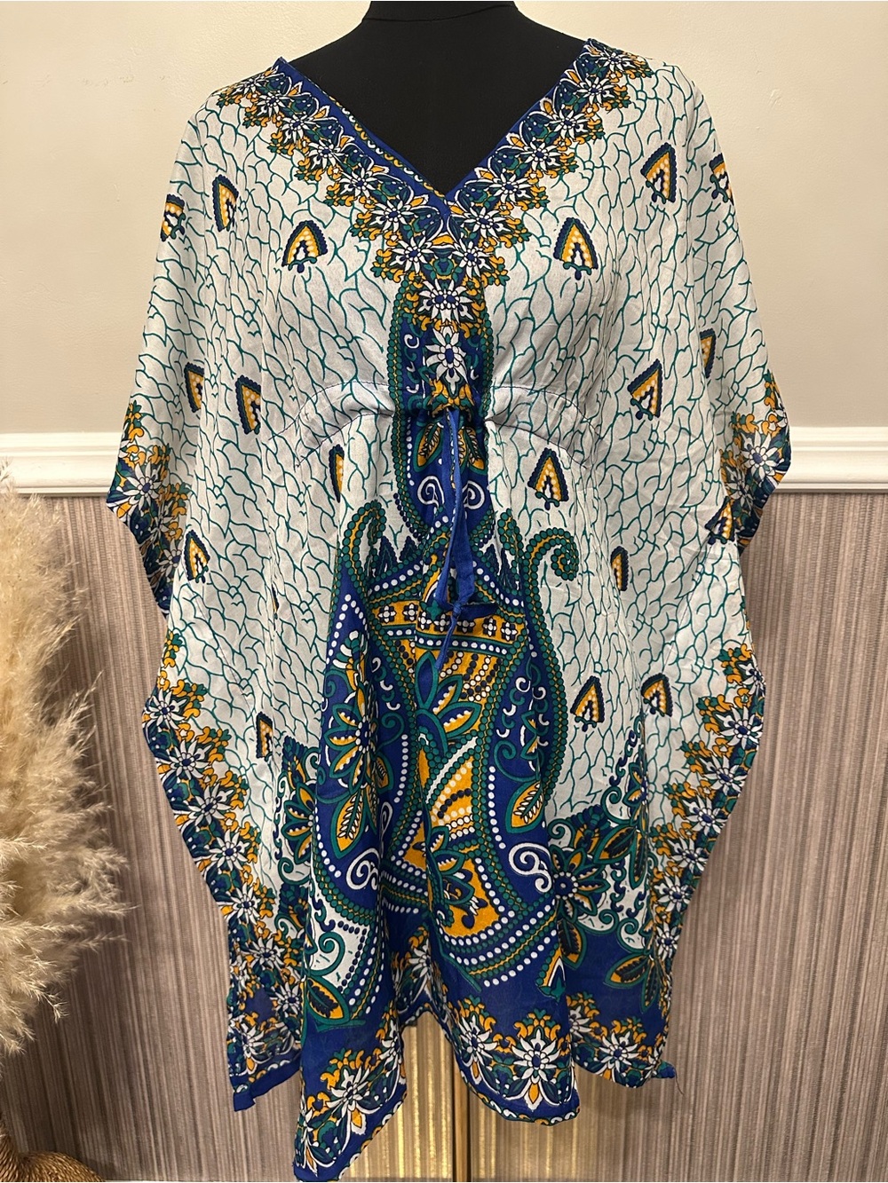 Boho Batwing Caftan Tunic Top Blue Teal Floral Paisley Drawstring Cover Up OS